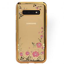 Луксозен силиконов калъф / гръб / TPU с камъни за Samsung Galaxy S10 Plus - прозрачен / розови цветя / златист кант