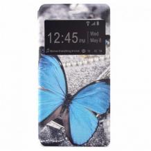 Кожен калъф Flip тефтер S-View със стойка за Samsung Galaxy A41 - сив / синя пеперуда/ Flexi
