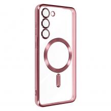 Силиконов калъф / гръб / Clear Case с безжично зареждане MagSafe кейс за Samsung Galaxy A57 - прозрачен кейс с протектори за камерите розов кант