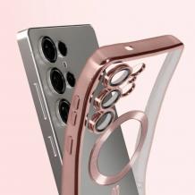 Силиконов калъф / гръб / Clear Case с безжично зареждане MagSafe кейс за Samsung Galaxy S25 Ultra - прозрачен кейс с протектори за камерите розов кант