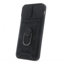 Удароустойчив гръб TPU кейс Slide Camera Case Magnetic Finger Ring Car Holder за iPhone 15 Pro - черен