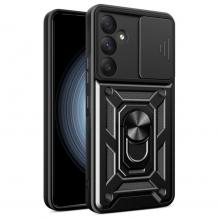 Удароустойчив гръб TPU кейс Slide Camera Case Magnetic Finger Ring Car Holder за Samsung Galaxy S25 FE - черен