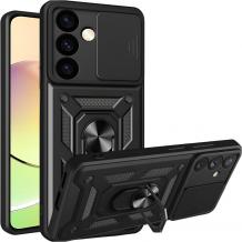 Удароустойчив гръб TPU кейс Slide Camera Case Magnetic Finger Ring Car Holder за Samsung Galaxy S25 - черен