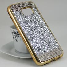 Луксозен силиконов калъф / гръб / TPU с камъни за Samsung Galaxy S7 G930 - сребрист / златист кант