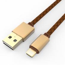 Оригинален USB кабел LDNIO LS-25 за Apple iPhone 5 / iPhone 5S / iPhone SE / iPhone 6 / iPhone 6 Plus / iPhone 7 - златен / кожен