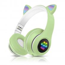 Стерео LED слушалки Bluetooth Cat Ear / Wireless Headphones / безжични LED слушалки Cat Ear P33M - зелени / котешки лапички