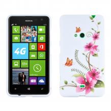 Силиконов калъф / гръб / TPU за Nokia Lumia 625 - бял с розови цветя и пеперуди