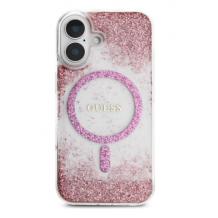 Оригинален калъф / гръб / GUESS Bottom Glitter с безжично зареждане MagSafe кейс за Apple iPhone 16 (6.1) - розов брокат