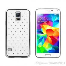 Твърд гръб / капак / с камъни за Samsung Galaxy S5 mini G800 / Samsung S5 Mini - бял със сребрист кант
