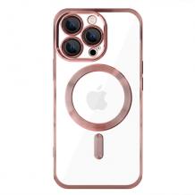 Силиконов калъф / гръб / Clear Case с безжично зареждане MagSafe кейс за Apple iPhone 15 Pro Max (6.7) - прозрачен с протектори за камерите розов кант