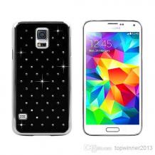Твърд гръб / капак / с камъни за Samsung Galaxy S5 mini G800 / Samsung S5 Mini - черен със сребрист кант