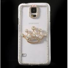 Луксозен твърд гръб / капак / 3D с камъни за Samsung G900 Galaxy S5 - прозрачен / корона