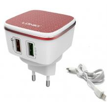 Оригинално зарядно устройство LDNIO A2405Q Qualcomm Quick Charge 2.0 220V с 2 USB порта 5V /4.2A за Apple iPhone 5 / iPhone 5S / iPhone SE / iPhone 6 / 6S / 7 / 7 Plus / 8 / 8 Plus - бяло с червено