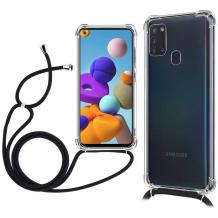 Удароустойчив силиконов калъф / гръб / TPU с връзка за Samsung Galaxy A21s - прозрачен / черна връзка