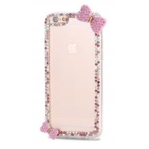 Луксозен твърд гръб с камъни за Apple iPhone 6 / iPhone 6S - прозрачен / розова панделка / цветни камъни