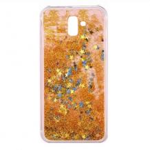 Луксозен твърд гръб 3D Water Case за Samsung Galaxy J6 Plus 2018 - прозрачен / течен гръб със златист брокат / звездички