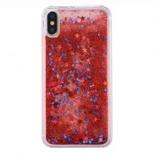 Луксозен твърд гръб 3D Water Case за Apple iPhone X / iPhone XS - прозрачен / течен гръб с червен брокат / звездички