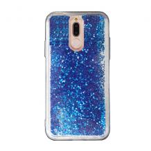 Луксозен твърд гръб 3D Water Case за Huawei Mate 20 Lite - прозрачен / течен гръб със син брокат