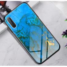 Луксозен стъклен твърд гръб за Apple iPhone XR - син със златисто
