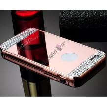 Луксозен алуминиев бъмпер с твърд гръб и камъни за Apple iPhone 5 / iPhone 5S / iPhone SE - Rose Gold / огледален