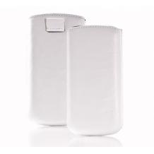 Кожен калъф с издърпване тип джоб за HTC Desire 616 - бял