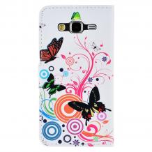 Кожен калъф Flip тефтер Flexi със стойка за Samsung Galaxy J5 J500 - бял / многоцветни пеперуди и цветя