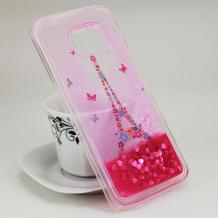 Силиконов калъф / гръб / TPU 3D за Samsung Galaxy S6 Edge G925 - Айфелова кула / цветя и пеперуди / розов брокат