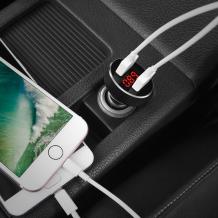 Универсално зарядно за кола HOCO LED Display Dual USB Car Charger / Input: 12-24V / Output: USB1 5V-2.1A /USB2: 5V-2.1A - черно със сиво