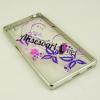 Луксозен силиконов калъф / гръб / TPU с камъни за Sony Xperia Z5 - лилави цветя / прозрачен със сребрист кант