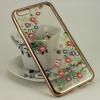 Луксозен силиконов калъф / гръб / TPU с камъни за Apple iPhone 6 / iPhone 6S - прозрачен / многоцветни цветя и пеперуди / златист кант