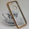 Луксозен силиконов калъф / гръб / TPU с камъни за Apple iPhone 5 / iPhone 5S / iPhone SE - прозрачен / златист кант