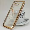 Луксозен силиконов калъф / гръб / TPU с камъни за Samsung Galaxy J5 J500 - прозрачен със златист кант / паун