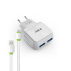 Универсално зарядно устройство / Fast Charge EMY MY-220 220V с 2 USB порта и iOS (iPhone) кабел / 2.4А - бяло