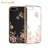 Луксозен твърд гръб KAVARO с камъни Swarovski за Apple iPhone 7 / iPhone 8 - прозрачен / розови цветя и пеперуда / златист кант