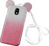 Луксозен силиконов калъф / гръб / TPU 3D за Nokia 2 2017 - преливащ / розово и сиво / брокат / миши ушички / 2в1