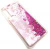 Луксозен гръб 3D Water Case за Huawei Y6p - течен гръб с розов брокат / прозрачен с розови цветя