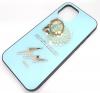 Луксозен стъклен твърд гръб със стойка за Apple iPhone 12 /12 Pro 6.1'' – светло син / цвете и камъни
