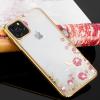 Луксозен силиконов калъф / гръб / TPU с камъни за Apple iPhone 11 Pro 5.8" - прозрачен / розови цветя / златист кант