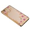 Луксозен силиконов калъф / гръб / TPU с камъни за Huawei P9 Lite - бели цветя / златист кант