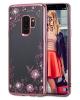 Луксозен силиконов калъф / гръб / TPU с камъни за Samsung Galaxy A6 2018 A600F - прозрачен / розови цветя / Rose Gold кант
