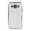 Твърд гръб / капак / с камъни за Samsung Galaxy J1 - бял с метален кант