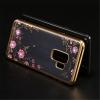 Луксозен силиконов калъф / гръб / TPU с камъни за Samsung Galaxy S9 Plus G965 - прозрачен / розови цветя / златист кант
