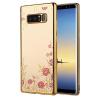 Луксозен силиконов калъф / гръб / TPU с камъни за Samsung Galaxy Note 8 N950 - прозрачен / розови цветя / златист кант