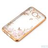 Луксозен силиконов калъф / гръб / TPU с камъни за Samsung Galaxy J7 / Samsung J7 - розови цветя / златист кант