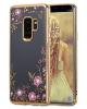 Луксозен силиконов калъф / гръб / TPU с камъни за Samsung Galaxy S9 Plus G965 - прозрачен / розови цветя / златист кант
