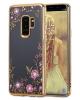 Луксозен силиконов калъф / гръб / TPU с камъни за Samsung Galaxy A6 2018 A600F - прозрачен / розови цветя / златист кант