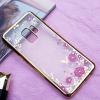 Луксозен силиконов калъф / гръб / TPU с камъни за Samsung Galaxy S9 Plus G965 - прозрачен / розови цветя / златист кант