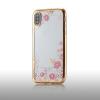 Луксозен силиконов калъф / гръб / TPU с камъни за Huawei P20 Pro - прозрачен / розови цветя / Gold кант