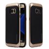 Луксозен твърд гръб MOTOMO Hybrid със силиконов кант за Samsung Galaxy J3 / J3 2016 J320 - черен със златист кант / имитиращ кожа