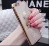 Луксозен силиконов калъф / гръб / TPU с камъни за Apple iPhone 5 / iPhone 5S / iPhone SE - прозрачен със златен кант / swan